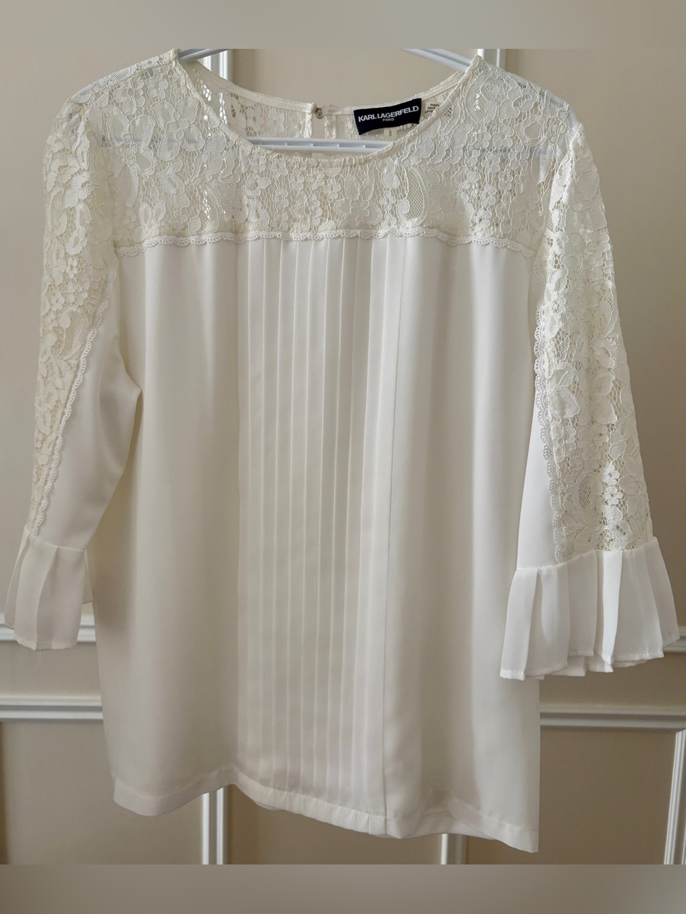 Karl Lagerfeld Paris Ivory Lace-Yoke Pleated Blouse